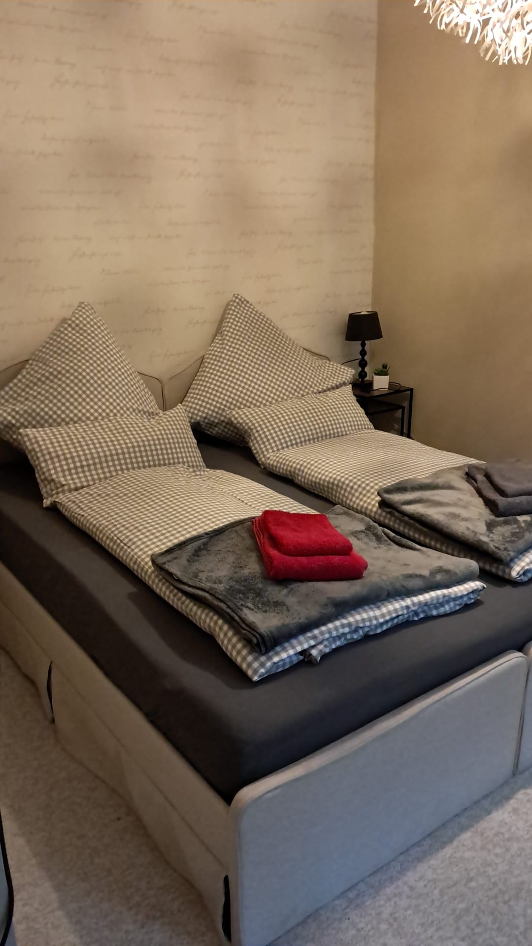 Gemütliches Schlafzimmer mit Doppelbett und Fernseher